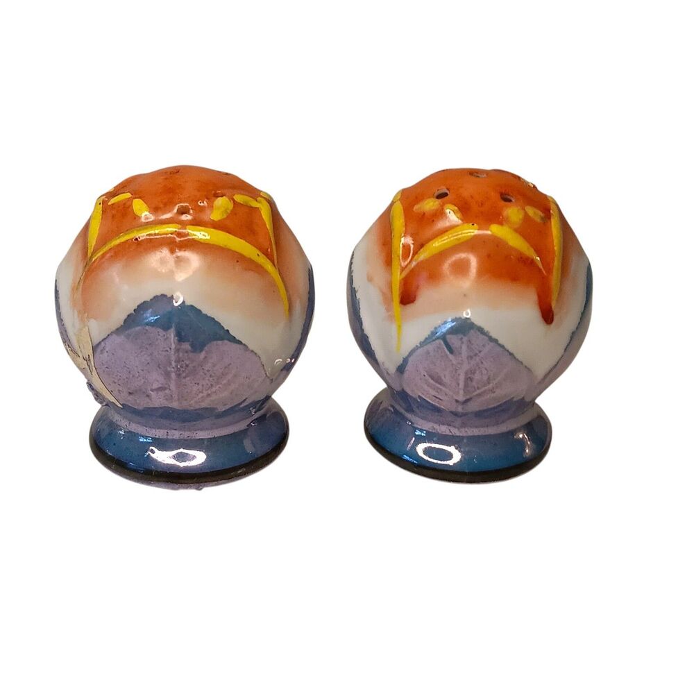 Vintage Blue & Orange Lusterware Salt & Pepper Shakers Round Top W New Stoppers